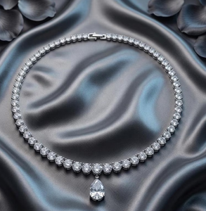 Luxury Women's 925 <b>Silver</b> Moissanite Pendant Necklace Round Brilliant Cut Beaded <b>Chain</b> Water Drop Design Wedding Jewelry - Product Image 3