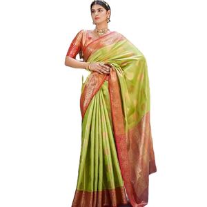 Sari de satén de seda de diseño moderno con borde tejido en cobre y zari, diseño en relieve, alta calidad, para fiestas y festivales, Fab Zone - Product Image 1