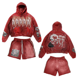 Conjunto de Sudadera Corta con Capucha y Pantalones Cortos con Cordón para Hombre, Estilo Vintage, Lavado Ácido, Personalizado por Fabricantes de Ropa - Product Image 1