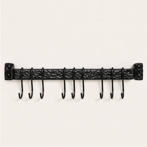 Support mural en fer pour ustensiles de cuisine, organisateur de casseroles et poêles avec crochets coulissants, rail métallique robuste noir thermolaqué - Product Image 5