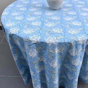 Nappe en coton 100% fabriquée en Inde, design français, imprimée à la main, couleur bleu lotus japonais, 220x220cm, pour la décoration - Product Image 3