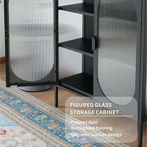 Armoire de rangement chic à porte cintrée en métal et verre nervuré pour salon - Product Image 3