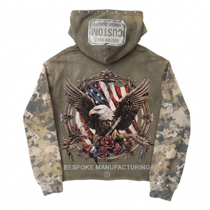 Sweats à capuche personnalisés streetwear pour hommes, sweats à capuche oversize épais à fermeture éclair, sweats à capuche en molleton délavé avec empiècements camouflage et strass - Product Image 2