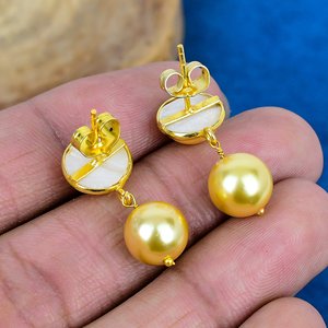 Handmade Golden Pearl Round Shape Gemstone Dangle <b>Stud</b> Earrings 18k Gold Micron Over 925 <b>Sterling</b> <b>Silver</b> - Product Image 4