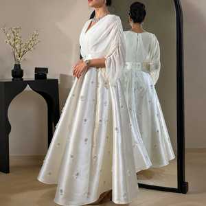 White Satin Embroidered Kaftan Maxi Dress Elegant Modest Evening Gown Designer <b>Bridal</b> Reception Party Dress for Women - Product Image 1