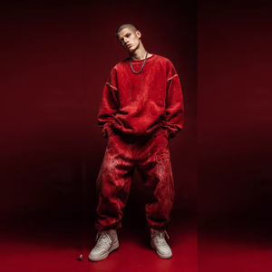 Ensemble de survêtement en velours rouge pour homme, col rond, coupe ample, streetwear, sweat-shirt et pantalon, couleur unie, taille élastique, vêtements d'automne - Product Image 2