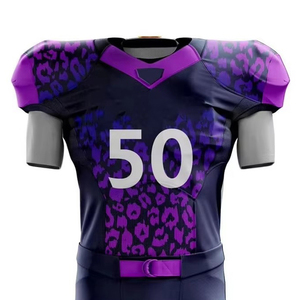 Ensemble uniforme de football américain pour homme, motif léopard bleu marine et violet, maillot et pantalon sublimés, ajustés, en polyester respirant et anti-humidité - Product Image 3