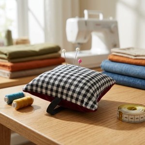 Coussinets à épingles carrés AA0204 avec bande élastique | Coussin à épingles carré à carreaux avec bande élastique et bordure rouge, accessoire de couture - Product Image 4