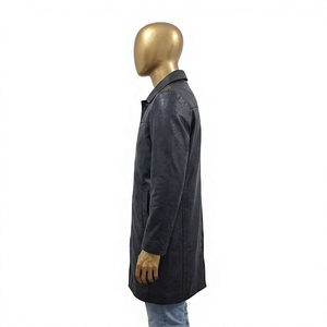 Nabtay Sports Distressed <b>Grey</b> Genuine Leather Thin Slim Fit Lightweight Turn-down Collar Button Zipper Closure <b>Men's</b> Trench Coat - Product Image 2