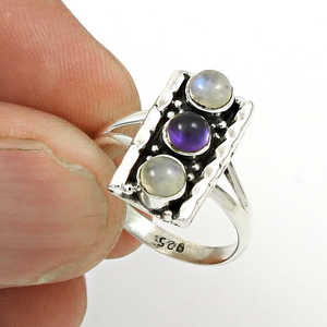 Anillo de plata de ley 925 con múltiples piedras preciosas, amatista y piedra lunar arcoíris, anillos bohemios para mujeres y niñas. - Product Image 3