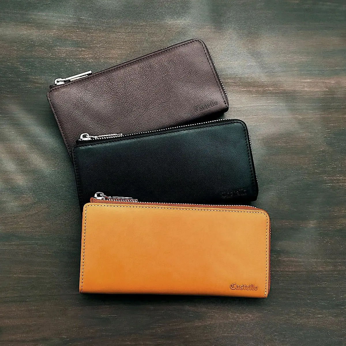 Castello dompet kulit sapi asli Unisex, dompet kulit sapi lembut dengan l-ritsleting gaya Logo lapisan logam 2024