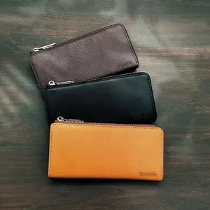 Castello dompet kulit sapi asli Unisex, dompet kulit sapi lembut dengan l-ritsleting gaya Logo lapisan logam 2024