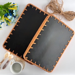 Two Piece Rectangular Rattan Tray <b>Set</b> With Mother Of Pearl For Daily Home Use Guest <b>Serving</b> And Special Occasions From India - Product Image 3