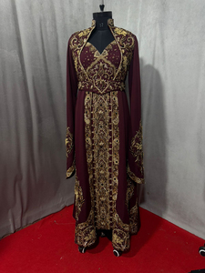 Robe de soirée élégante noire longue jusqu'au sol, brodée d'or, col en V, manches longues, en organza fait main, coupe fourreau, sur mesure, luxe, pour femme, taille XL - Product Image 2