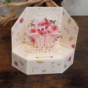 Carte de vœux créative 3D pop-up hexagonale 2026 pour anniversaire, en papier avec vernis mat, papillon rose, fleur découpée au laser, pour maman - Product Image 2