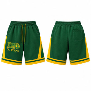 Shorts Bermuda en coton vert Chi Eta Phi avec bordure jaune, taille à cordon de serrage, style décontracté, shorts pour hommes, logo imprimé sur le devant - Product Image 1