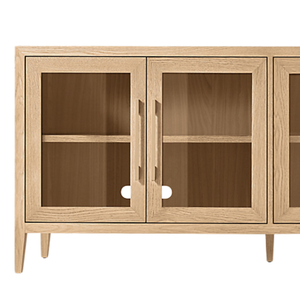 Aparador Contemporáneo de Teca Sólida con Puertas de Cristal, Estantes de Exhibición, Gestión de Cables y Detalle de Veta de Madera Natural - Product Image 2