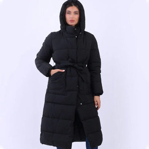 Women's Long Quilted Hooded Puffer Jacket With Belt Closure <b>Thick</b> <b>Winter</b> <b>Coat</b> Full Sleeve Solid Color Polyester Wadding - Product Image 4