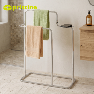 Porte-serviettes autoportant en chrome à 2 barres avec étagère de rangement, support de serviettes de bain mobile pour salle de bain, design minimaliste - Product Image 5