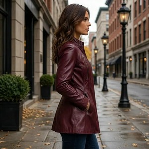 <b>Women</b>’s Oversized Burgundy <b>Leather</b> <b>Jacket</b>, Modern Minimalist <b>Bomber</b> <b>Jacket</b> - Product Image 6