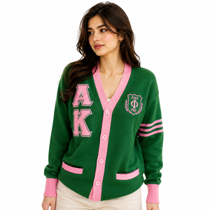 Cardigan en tricot doux et confortable 100 % coton avec logo brodé personnalisé, motif lettres grecques, pull de sororité AK pour femme, vente en gros - Product Image 1
