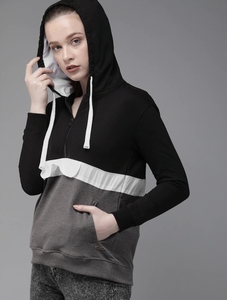 Sweat-shirt décontracté pour femme à blocs de couleur, à manches longues, avec fermeture éclair sur le devant, style automne, en mélange de coton tricoté, design respirant - Product Image 1