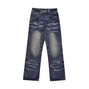 Vaqueros de mezclilla rectos de lavado claro para hombre, a la moda, con rasgaduras y estilo relajado, perfectos para hombres con estilo Y2K y streetwear. - Product Image 1