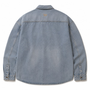 Cotton Denim Button Down <b>Bleached</b> Blue Grandprix Shacket With Racing Emblem Applique Unisex Hypebeast Apparel Bulk - Product Image 4