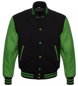 Varsity Letterman Men's Wool Leather <b>Jacket</b> with Turn-Down Collar Button Pockets High Street Style Real Black Leather Coating - Product Image 5