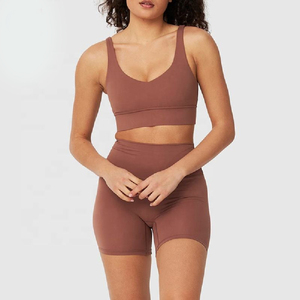 Conjunto de Top Corto Marrón y Pantalones de Yoga de Cintura Alta para Mujer, Ajuste Ceñido, Informal, de Secado Rápido, Transpirable - Product Image 1
