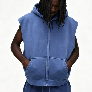 Gilet sans manches à capuche zippé pour homme, bleu uni, en molleton bouclette, coupe oversize, style décontracté, avec poches - Product Image 1