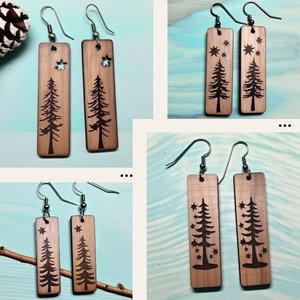 Boucles d'oreilles pendantes en bois avec motif arbre et cœur, gravées au laser, forme rectangulaire, bijoux artisanaux en bois naturel - Product Image 6