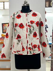 เสื้อแจ็คเก็ตผ้าฝ้ายสีขาวลายดอกป๊อปปี้สีแดงสำหรับผู้หญิง เสื้อโค้ทน้ำหนักเบา สไตล์ลำลอง เสื้อคลุมบูติก ขายส่งจากอินเดีย - Product Image 5