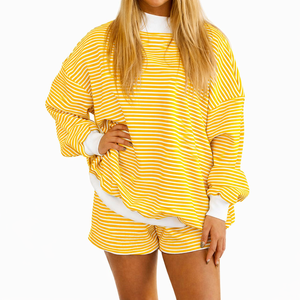 Blue Striped Oversized <b>Mock</b> <b>Neck</b> Sweatshirt Casual Long Sleeve Pullover Women Streetwear Cotton Fleece Wholesale Apparel - Product Image 2