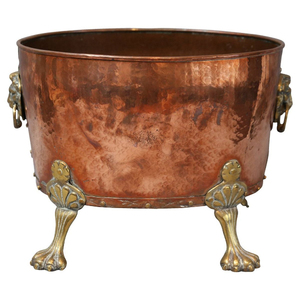 Macetero de cobre martillado vintage con asas de cabeza de león de latón y patas de garra, maceta para cactus, soporte para plantas de interior, florero para plantas serpiente - Product Image 1
