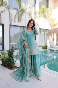 Nouvel ensemble haut en soie, pantalon palazzo et dupatta de créateur pour Diwali et les mariages – Infroissable et réversible - Product Image 5