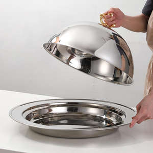 Plateau de service de buffet en acier inoxydable doré poli miroir, plat de luxe pour banquets et traiteurs avec couvercle dôme, vaisselle de restaurant - Product Image 4