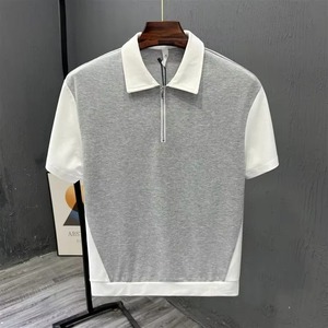 Chemise décontractée pour homme en molleton 100 % coton écologique noir à manches courtes, col contrastant, fermeture éclair sur le devant, coupe classique, idéale pour l'été - Product Image 4