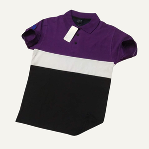 Men's Slim Fit Polo Shirt Custom Printed Color Blocked Polo Shirt Short Sleeve Knitted Casual Purple <b>Black</b> <b>White</b> <b>Stripe</b> Design - Product Image 1
