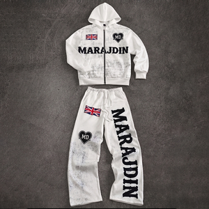 Custom <b>White</b> Men Tracksuit Set Zip up Hoodie <b>Jogger</b> Pants 2 Piece Winter Sportswear Casual Sweat Suit 100% Cotton OEM - Product Image 1