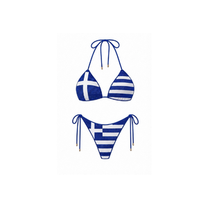 Bikini al por mayor con cuello halter y cuentas, parte inferior con cordón y forma de microtriángulo, traje de baño de algodón de diseño personalizado para mujer - Product Image 1