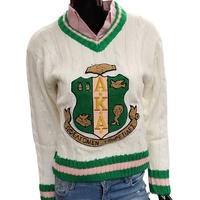 Cardigan col en V pour femme Alpha, brodé style grec preppy, décontracté, tricoté, à bouton unique, manches papillon, vert