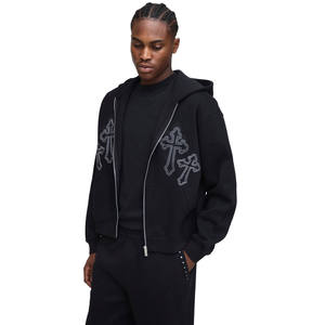 Ensemble survêtement homme noir avec sweat à capuche entièrement zippé orné de strass et pantalon assorti – Vêtements OEM ODM en gros - Product Image 3