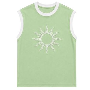 Camiseta sin mangas verde claro con diseño de sol bordado en blanco, chaleco informal de algodón para mujer, cuello redondo, tops de moda personalizados para verano - Product Image 1