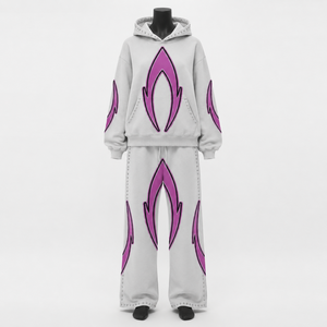 Ensemble de survêtement unisexe blanc avec sweat à capuche imprimé flamme violette et pantalon large, tenue décontractée streetwear - Product Image 1