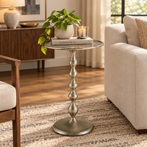 Table d'appoint ronde moderne en aluminium poli argenté, table de bout design sur piétement, table à boissons haut de gamme en métal, décoration intérieure - Product Image 2