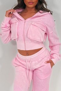 Survêtements pour femmes très demandés, comprenant des sweats à capuche courts à fermeture éclair et des pantalons évasés longs, effet délavé à l'acide - Product Image 3