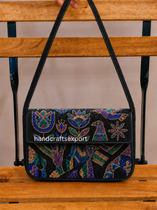 Sac à bandoulière noir brodé à la main pour femme, vente en gros personnalisée, avec perles, motif floral et oiseaux colorés, sac à main durable de haute qualité - Product Image 4