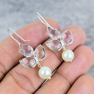 Pendientes de Plata de Ley 925 con Cristal de Cuarzo en Forma de Pera y Perla, con Alambre de Plata, Accesorio Moderno para Mujer para Uso Diario - Product Image 4