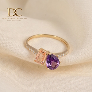 Bague en or massif 14 carats avec diamant de laboratoire, morganite et alexandrite de laboratoire, bijoux de luxe pour femmes, certifiés IGI - Product Image 5